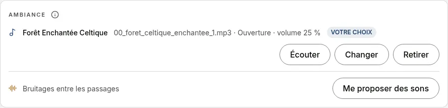 L'encadré Ambiance d'un chapitre : la musique choisie avec son mode et son volume, et le bouton Me proposer des sons.
