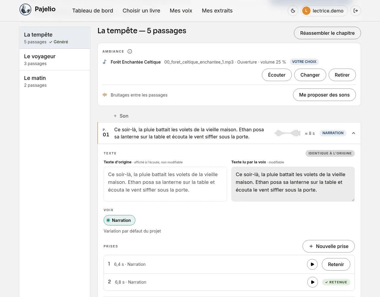 Un chapitre généré, avec le bouton Réassembler le chapitre, et son premier passage déplié : le bouton Nouvelle prise et deux prises, dont la seconde est retenue.